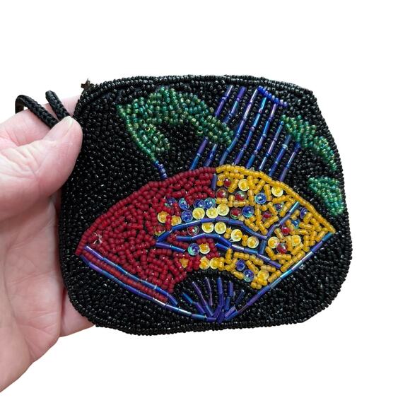 Chico’s beaded coin purse Asian Fan motif multi color seed beads zips closed - Picture 3 of 7